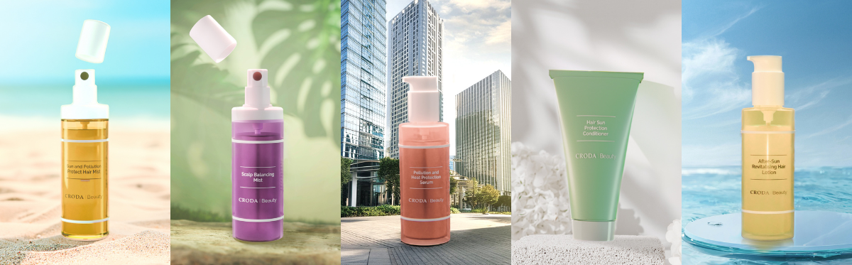 hair care five climate adaptive formulation concepts in bright colours and backgrounds including beach and city