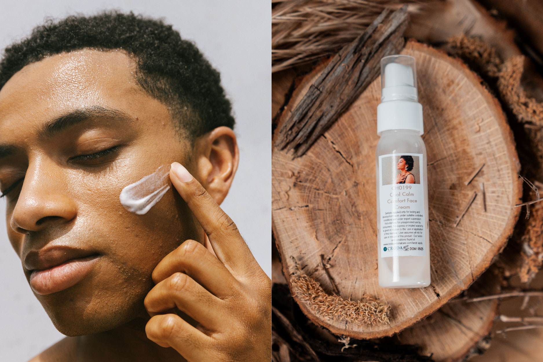 Person applying cream to face and formulation bottle containing the cool calm comfort face cream