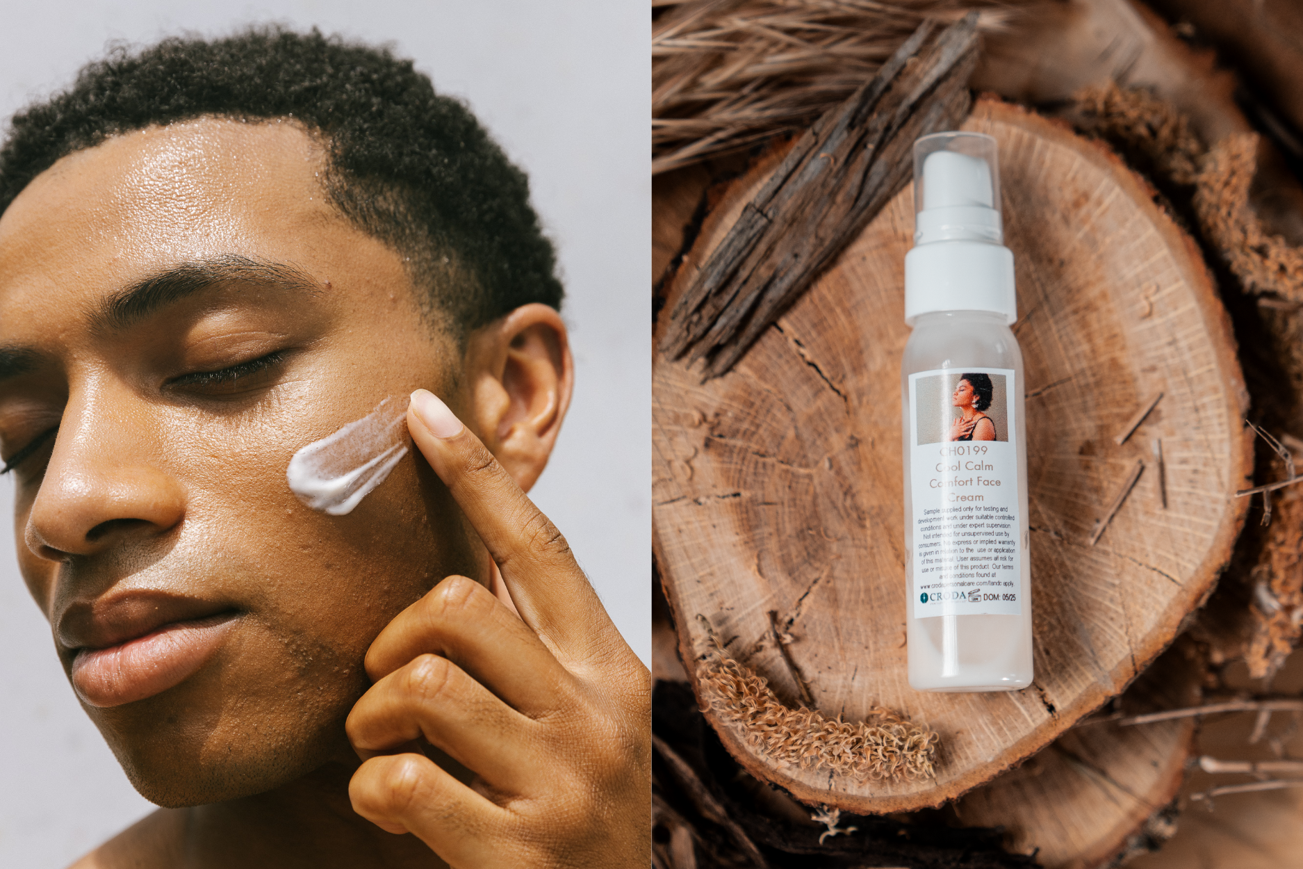 Person applying cream to face and formulation bottle containing the cool calm comfort face cream