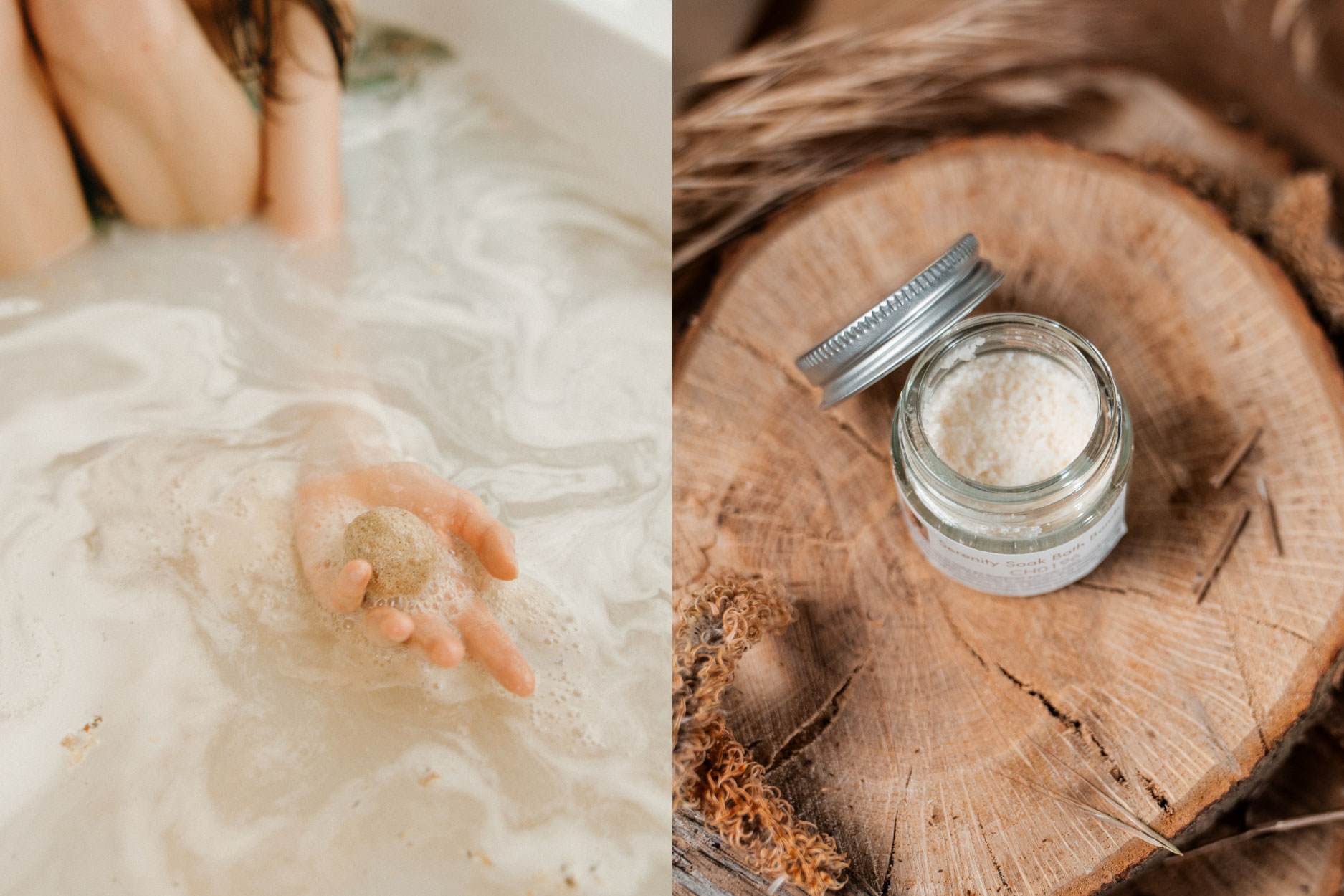 bathtub with cream coloured water and tub containing the Serenity soak bath bomb formulation