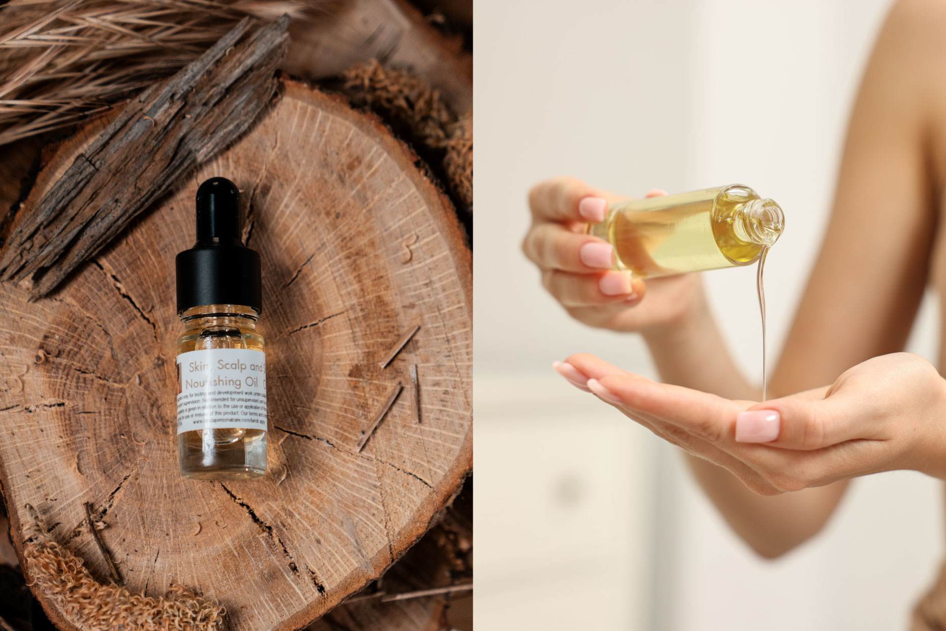 Skin, scalp and strands nourishing oil formulation in dropper bottle and oil being poured into hands