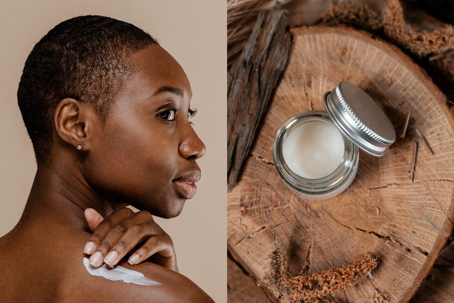 cream being applied to back and Timeless touch nourishing body balm in pot