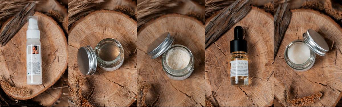 Formulations that make up the heritage beauty formulation collection including face cream, hair gelee, bath bomb, multi-functional oil and body balm.