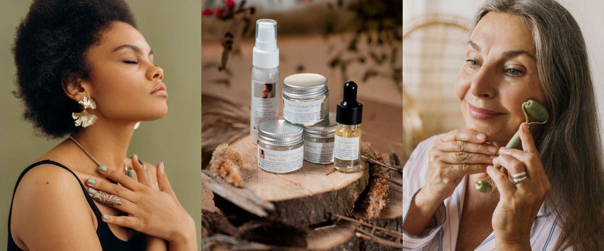 heritage beauty trend images including woman using face roller and 5 formulations for the trend