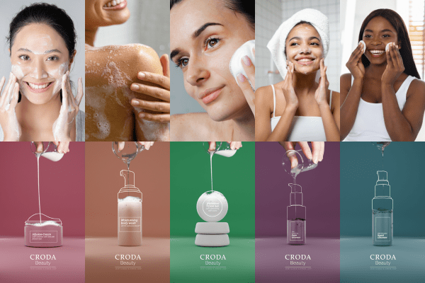 skin cleansing formulation collection 2 rows of images with top row various images of skin cleansing