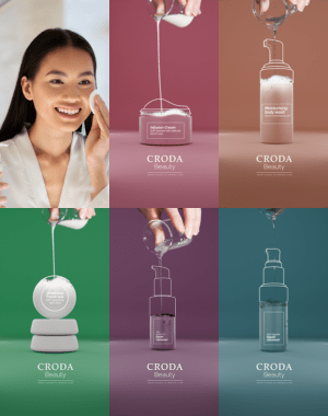 skin cleansing formulation collection. Grid of 6 images, Asian woman cleansing face with cotton pad and 5 formulation concept packaging in different colours