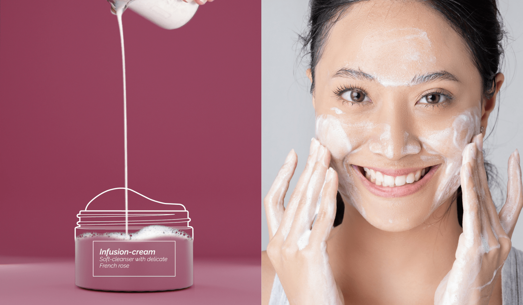 Infusion cream soft cleanser formulation bottle concept in pink and Asian female smiling and applying foaming cleanser to face with fingertips