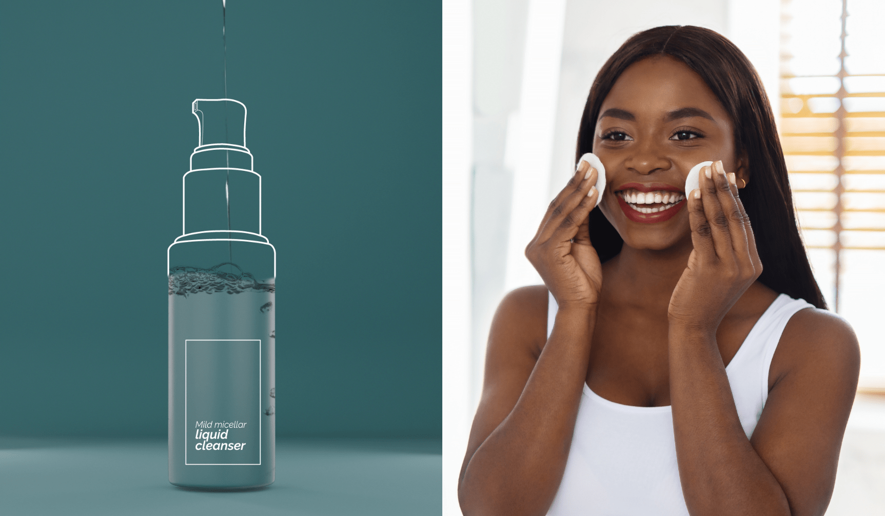 Mild micellar liquid cleanser formulation bottle concept in blue and black female smiling with cotton pads held on both cheeks