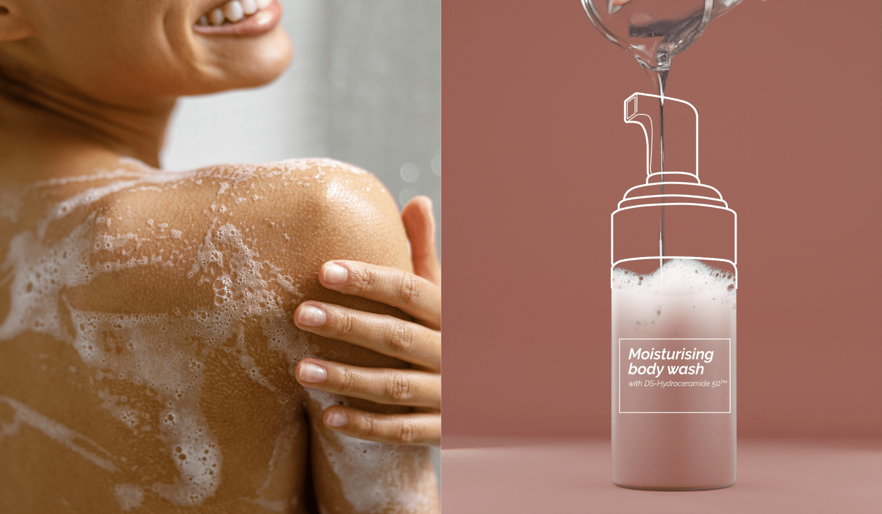 Moisturising body wash formulation bottle concept and back with body cleansing foam across shoulders