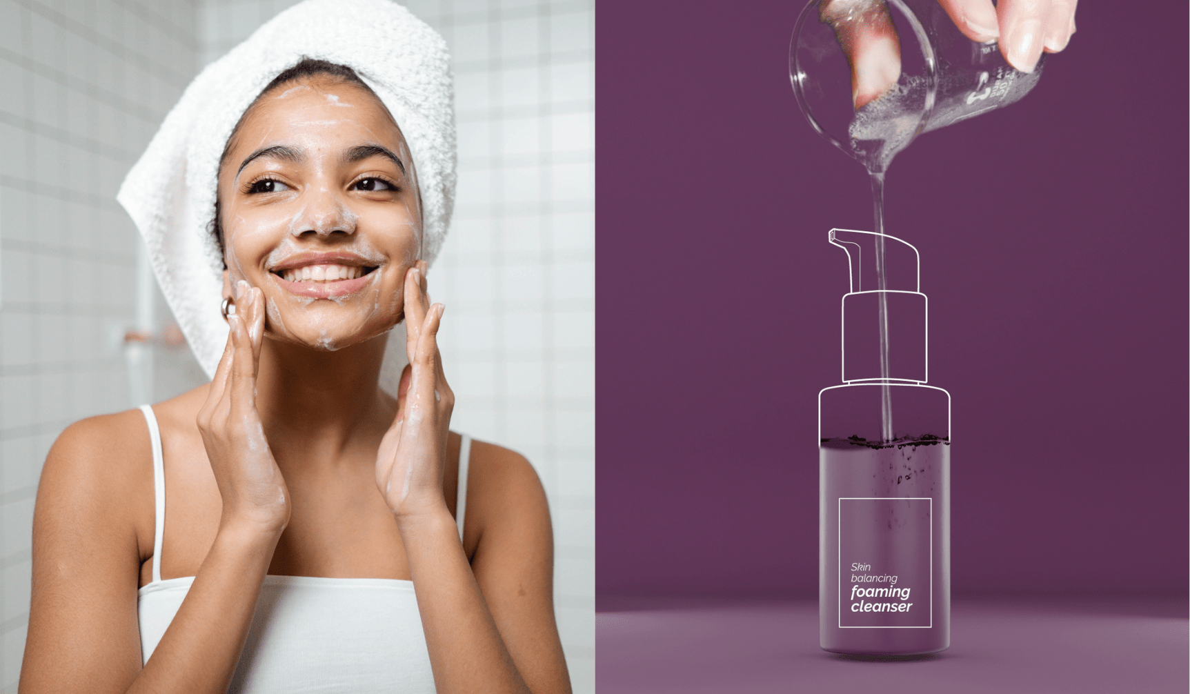 Skin balancing foam cleanser formulation bottle concept in purple and female with towel on head in bathroom applying cleanser foam to face with fingertips