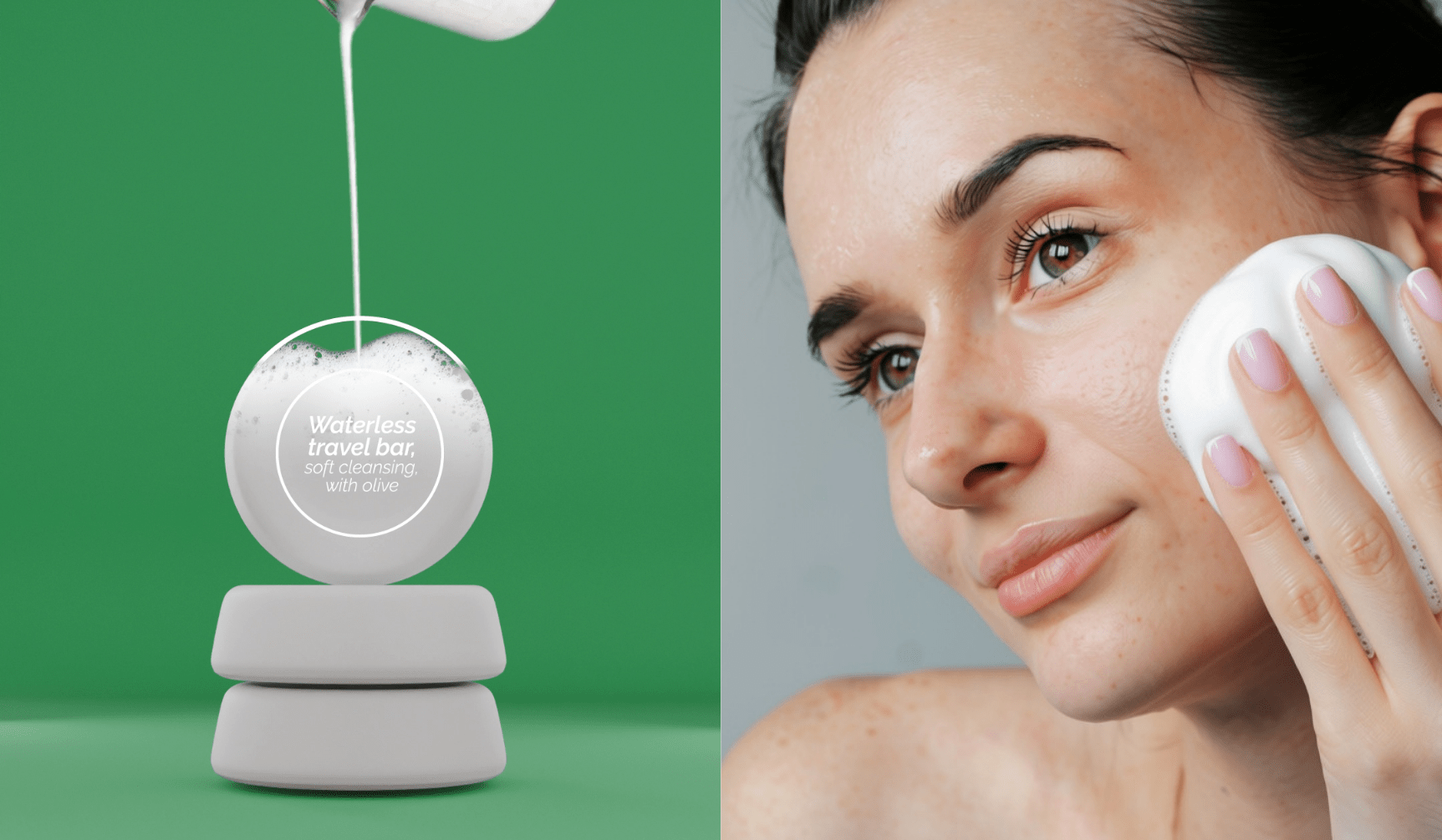 Waterless travel bar soft cleansing with olive formulation bottle concept in green and white female looking to the side with foamy cleansing bar held on cheek
