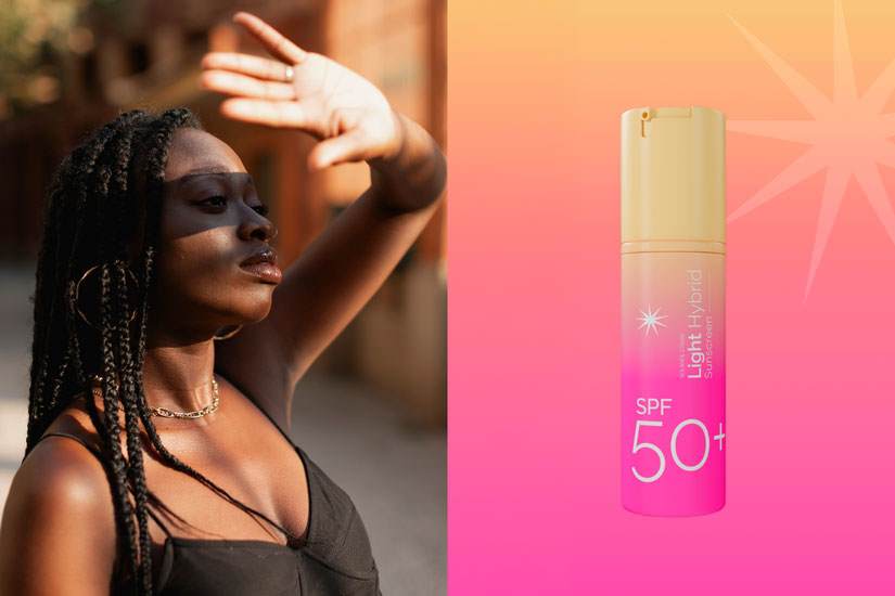 Split image. Left – Black woman holding hand up to the sun to shield her eyes. Right - Sun care formulation concept in pink and cream gradient packaging containing sun icon and formulation name ‘Light Hybrid Sunscreen SPF 50+’