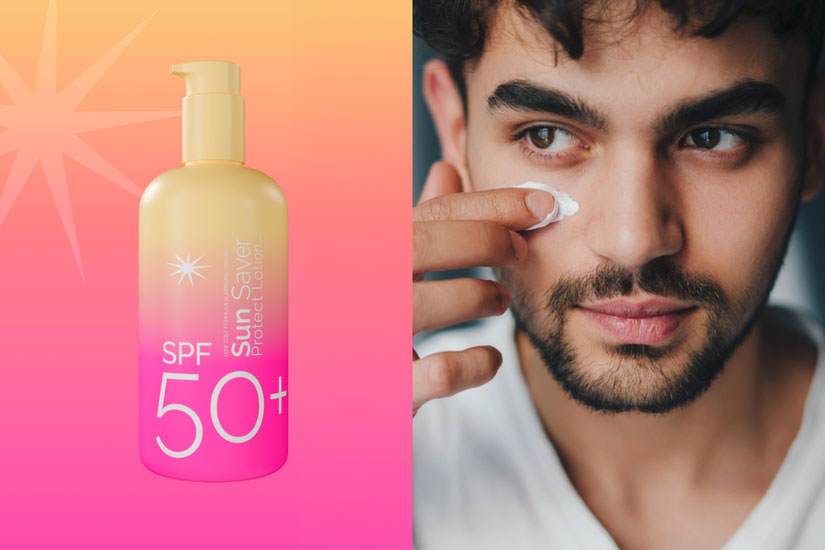 Split image. Left - Sun care formulation concept in pink and cream gradient packaging containing sun icon and formulation name ‘SunSaver Protect Lotion SPF 50+’. Right – Young man applying sun product to cheek with his finger