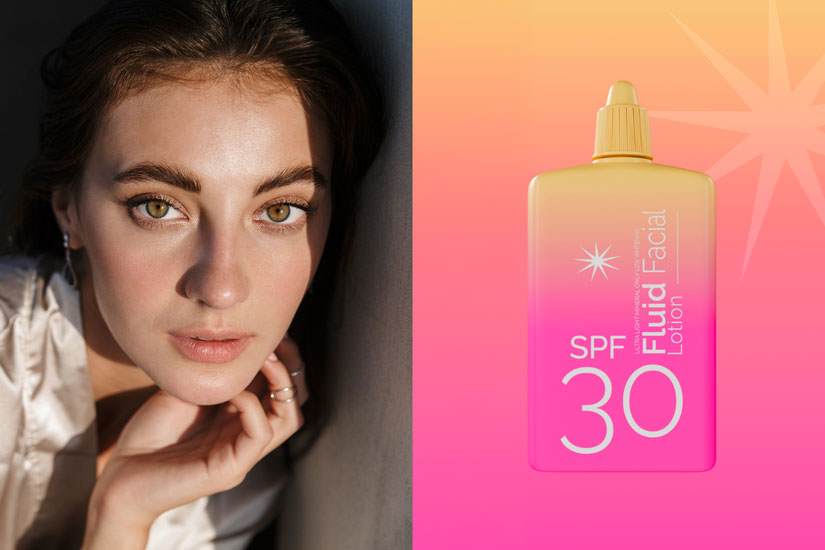 Split image. Left – White woman leaning against wall with hand on her chin and sun light reflecting on her face. Right - Sun care formulation concept in pink and cream gradient packaging containing sun icon and formulation name ‘Fluid Facial Lotion SPF 30’
