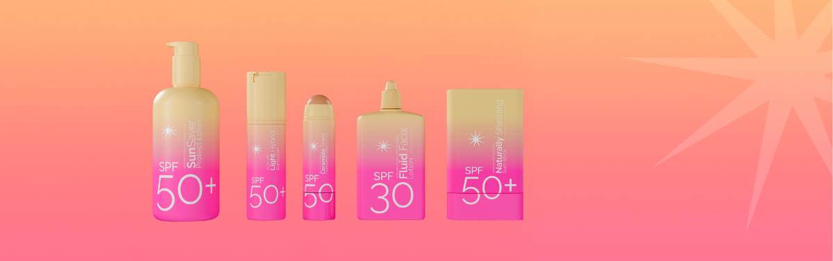 Five sun care formulation concepts in pink and cream gradient packaging containing formulation names and sun icon