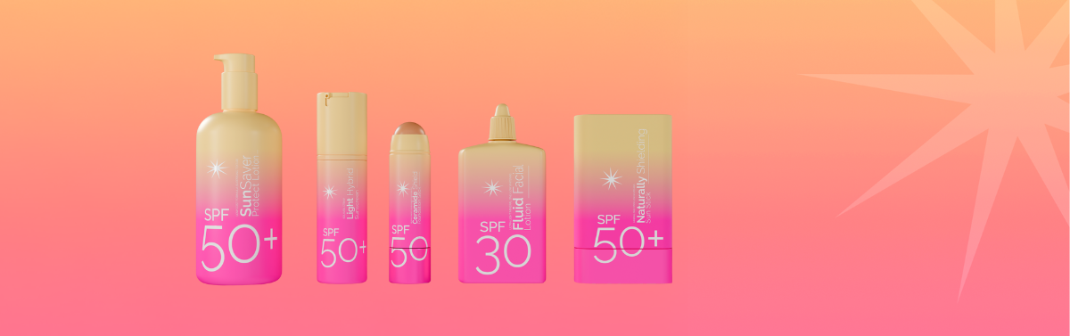 Five sun care formulation concepts in pink and cream gradient packaging containing formulation names and sun icon