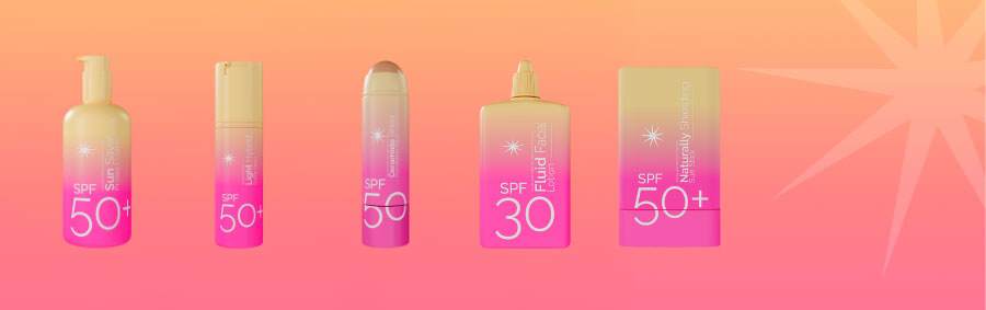 Five sun care formulation concepts in pink and cream gradient packaging containing formulation names and sun icon