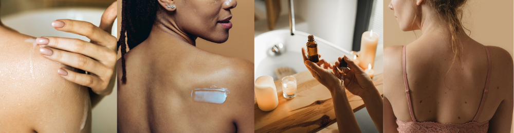 Collage of woman touching her back, woman with lotion on her shoulder, woman putting oils on her wrist, woman’s back