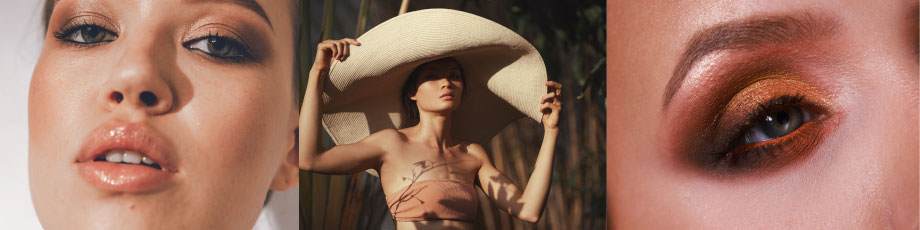Girl with eye makeup and lip gloss, girl with sun hat, close up of eye with eyeshadow