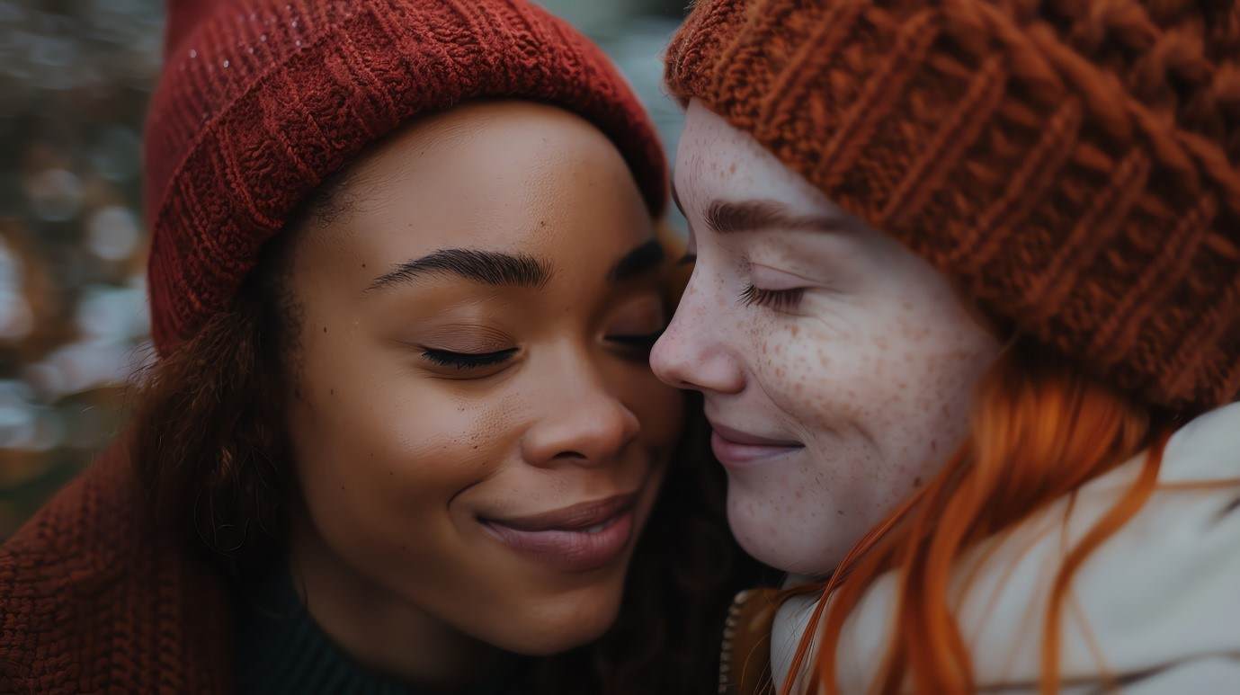 2 women smiling with their eyes closed and wearing red wool hats. One woman is black. The other is white with red hair and prominent freckles. Their faces are very close to each other as if hugging.