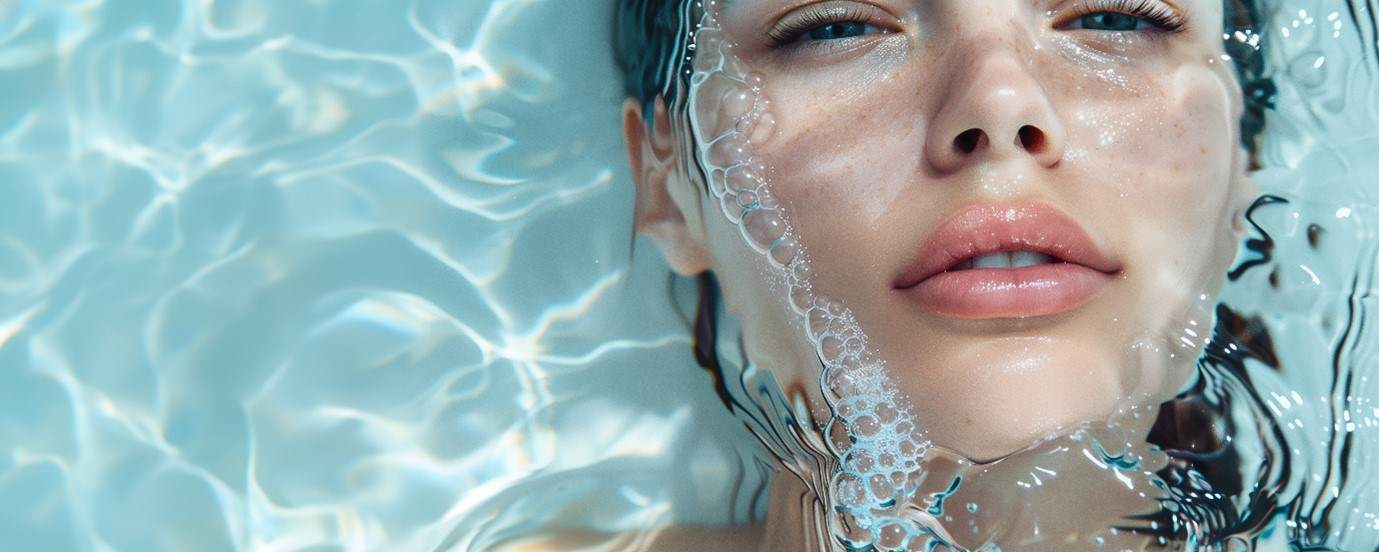 Photo of a woman's face emerging from a swimming pool. Her face is still partially in the water. She has white skin and black hair. Her eyes are partially closed indicating her enjoyment of the water.