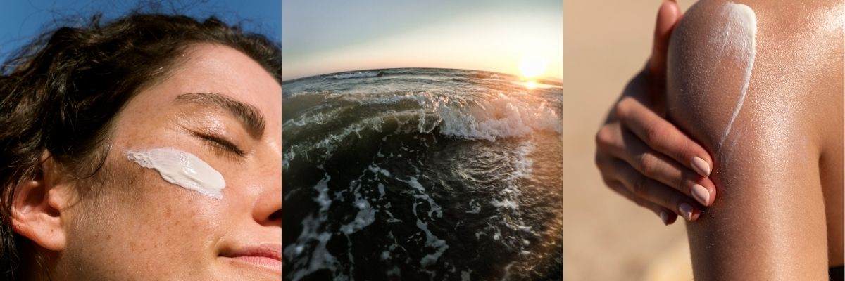 Three images showing woman applying sunscreen to her face, an ocean wave at sunset, and sunscreen spread on skin, representing sunscreen formulation and SPF boosters designed for high-performance sun protection