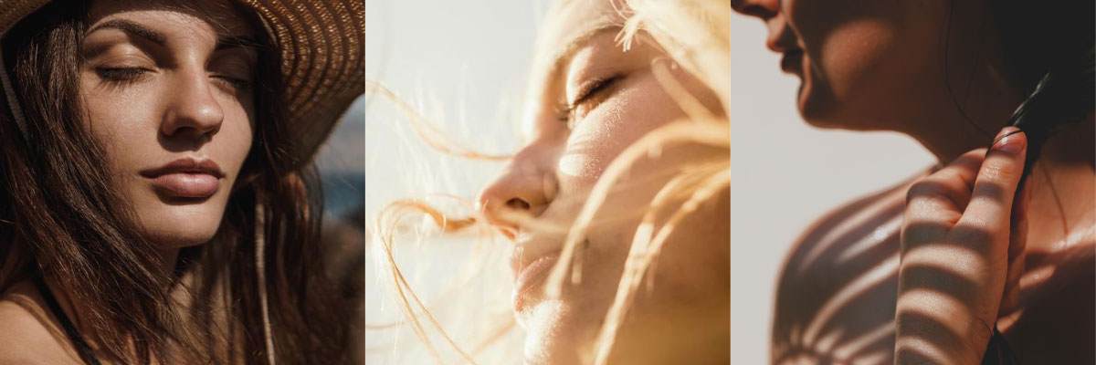 sunscreen formulation strategies to maximise skin protection three white women with brown and blonde hair with eyes shut and sun shining on face