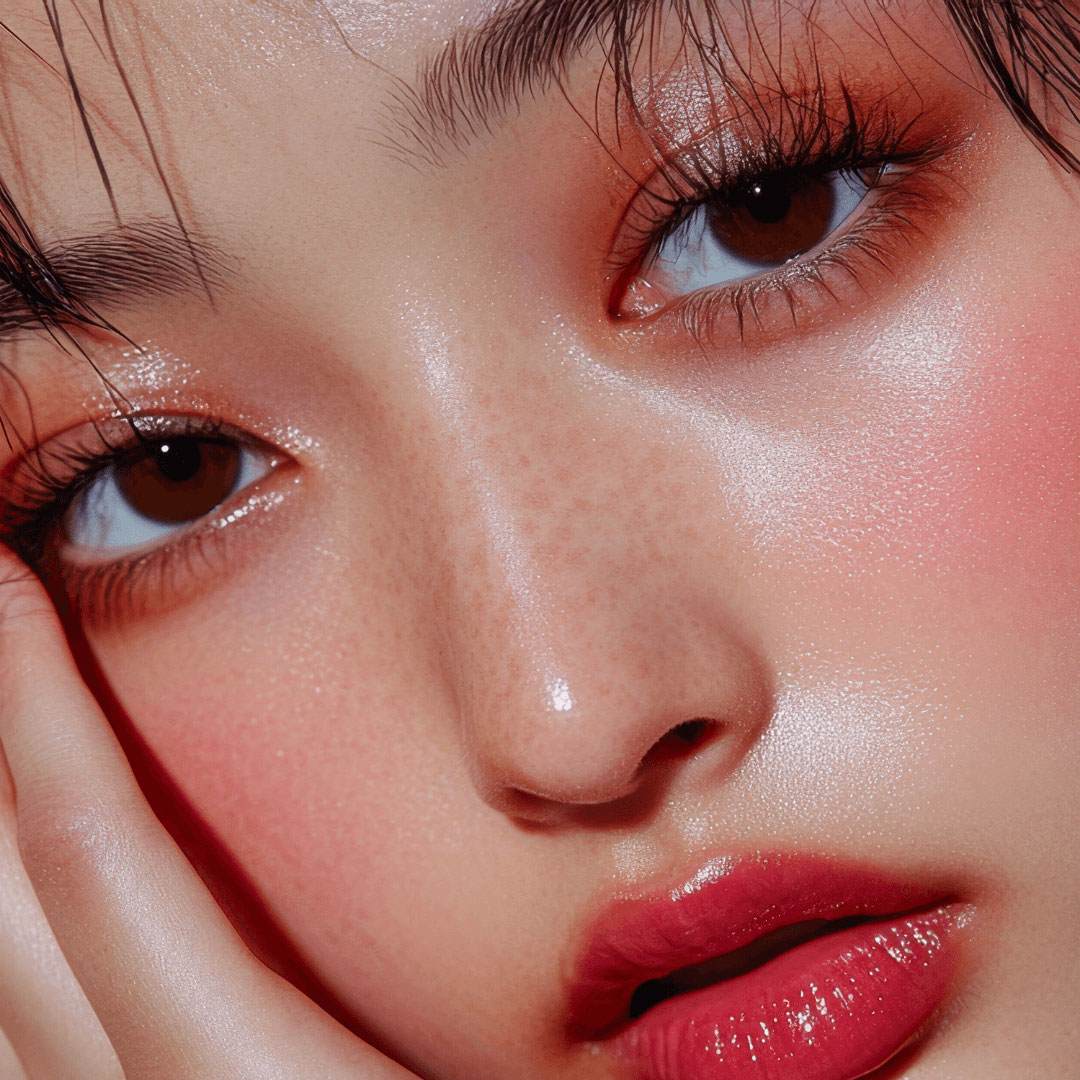 Woman with rouge tinted cheeks, eyes, and lips