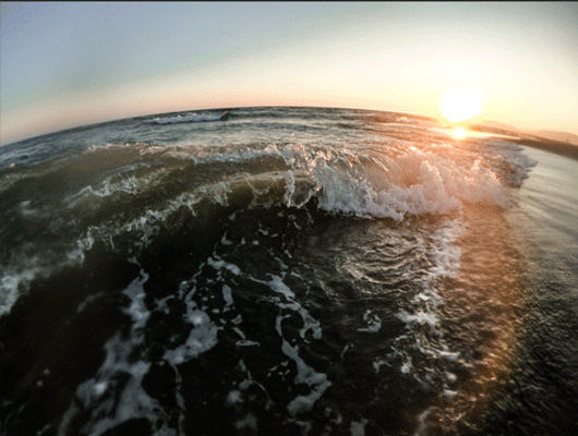 A wave with the sunset shining on it.