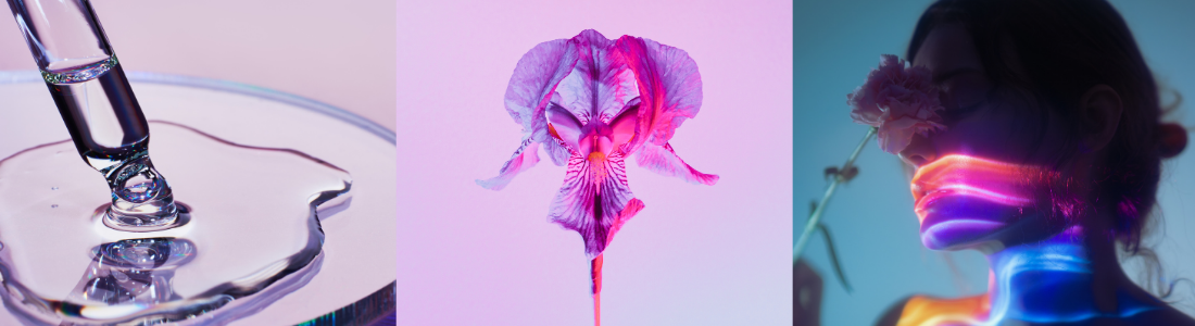 Woman posing with flowers while data waves reflect on her skin