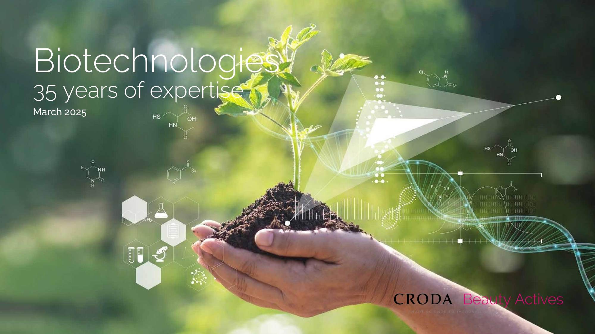 土の塊を握る手。そこから植物が生えている。化学と生物学の記号が植物を取り囲んでいる。