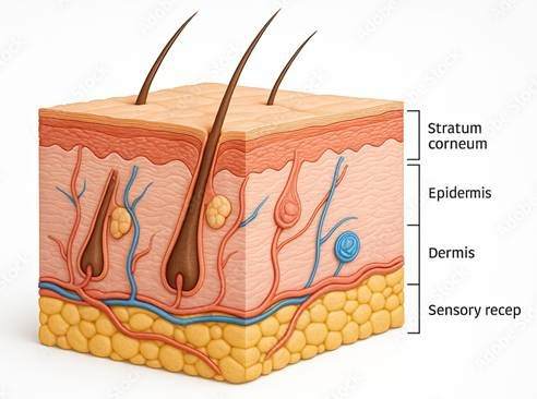 Cross section diagram of the skin with labels showing the sweat gland, intercellular and transcellular pathways and follicle. Copy underneath reads cutaneous penetration routes.
