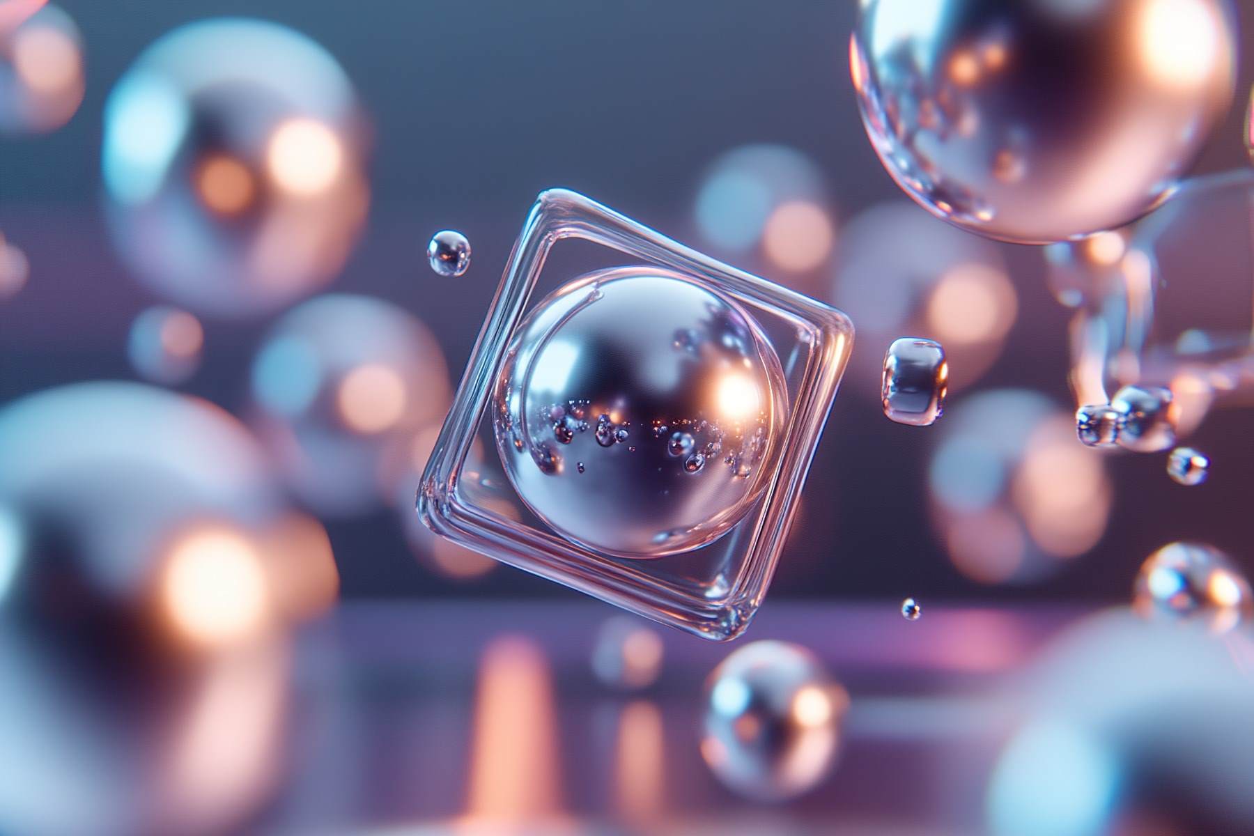 peptide metallic spheres and cubes float in mid-air surrounded by vibrant neon light trails 