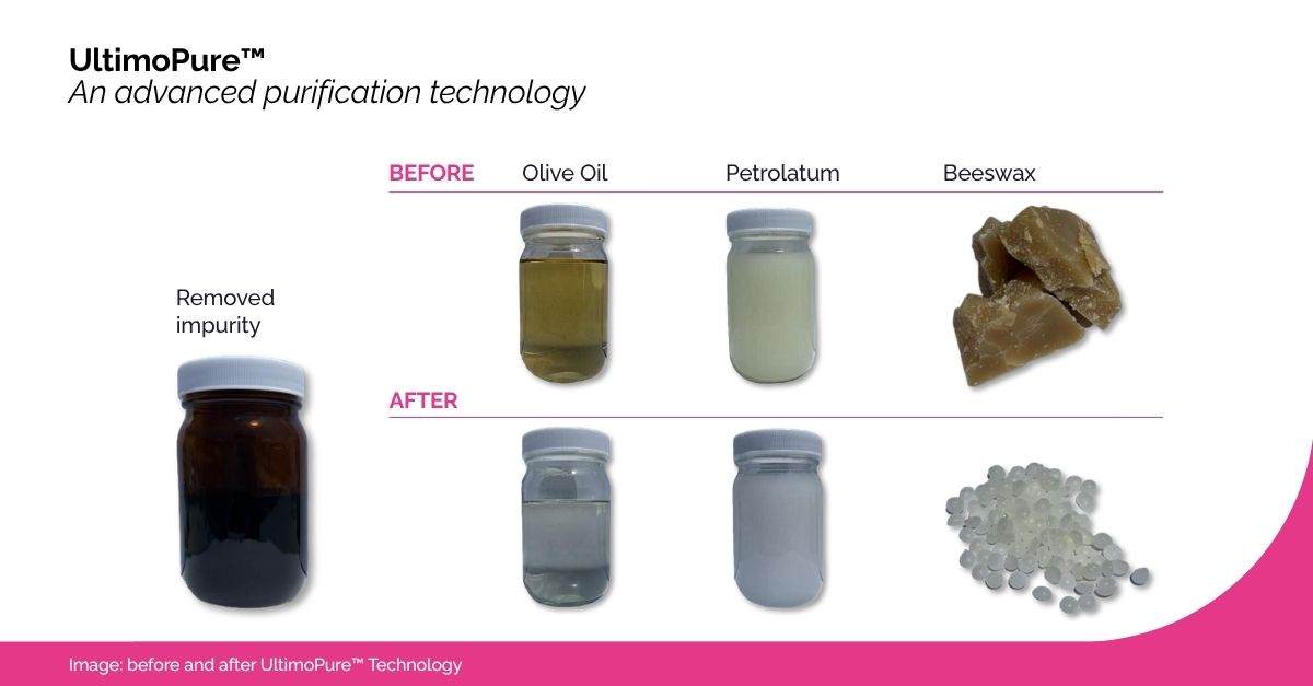 This image shows comparisons between the normal and ultimopure refined versions of olive oil, pertolatum and beeswax. In each image, the ultimopure version has much less colour and impurity.