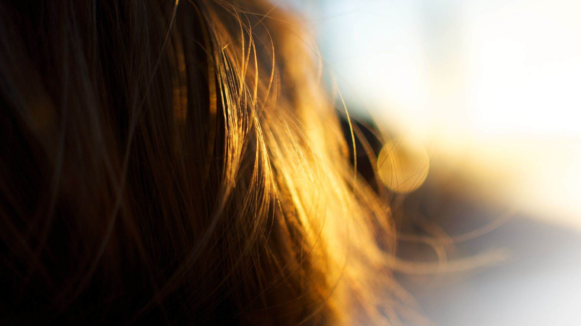 Close up on a woman's hair. The hair is brown and the sun is shining on it creating dramatic highlights of gold. We can see no details of the woman.