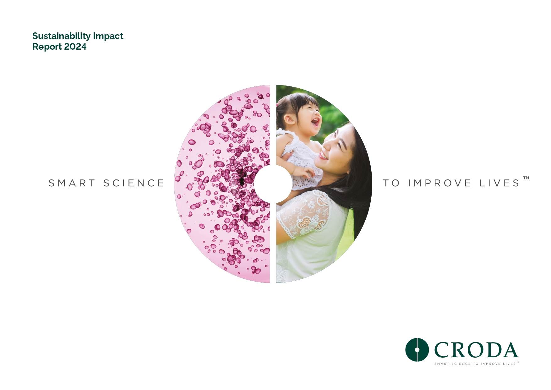 Front cover of the 2024 sustainability report. On the left is an extreme close-up of some bubbles. On the right is a woman of east Asian descent with long black hair holding a young girl. Both are smiling and enjoying nature.