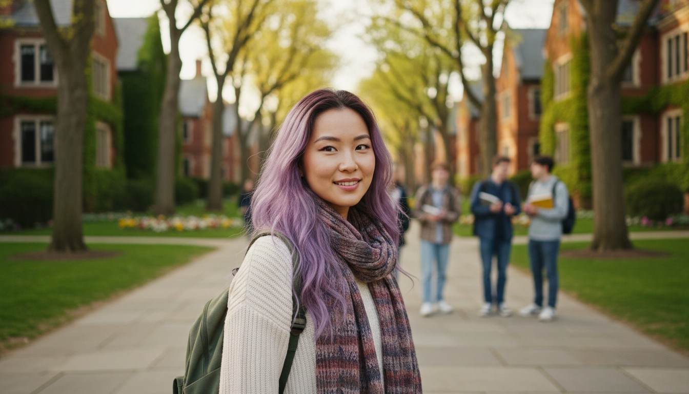 Woman with beautiful purple hair stood outside buildings