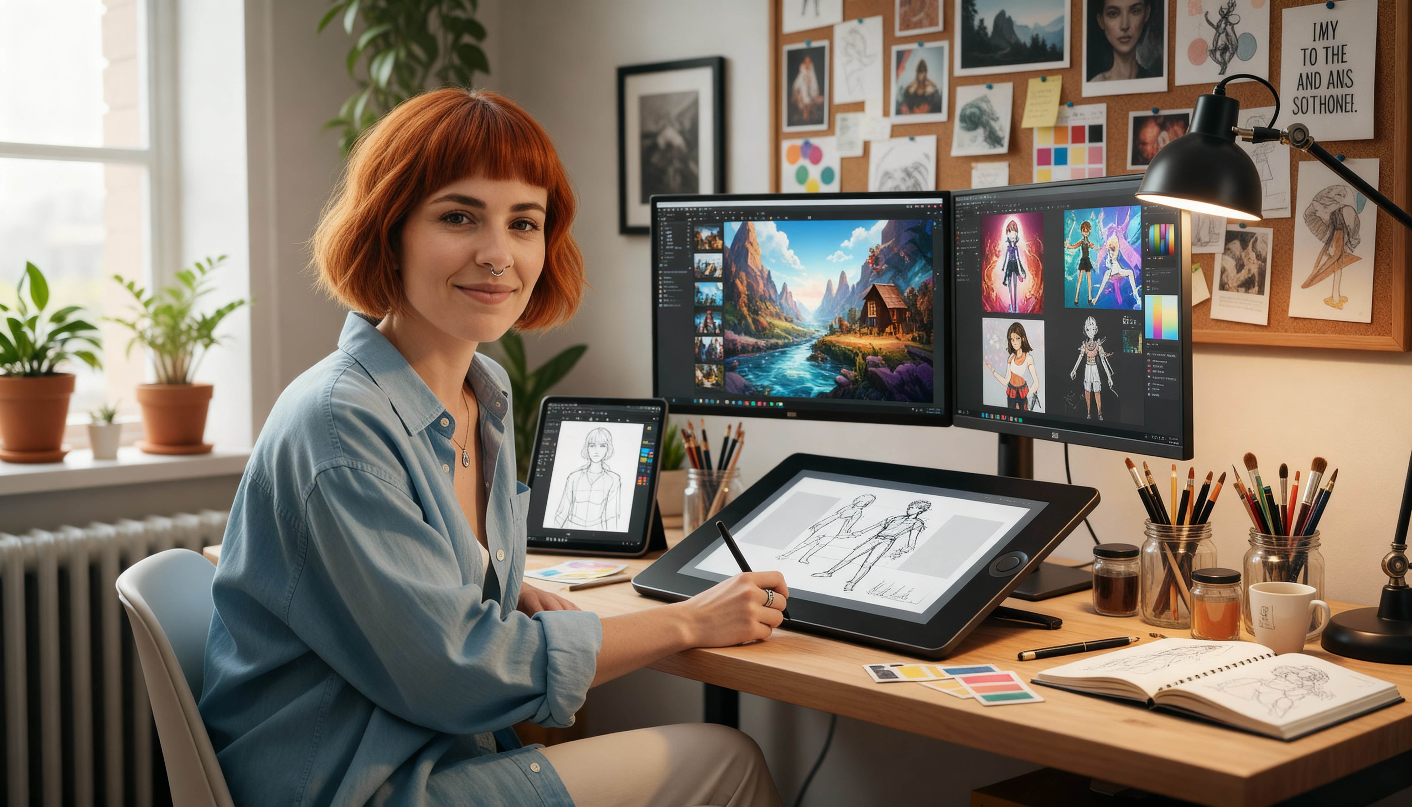 Young woman with striking hair sat at her desk