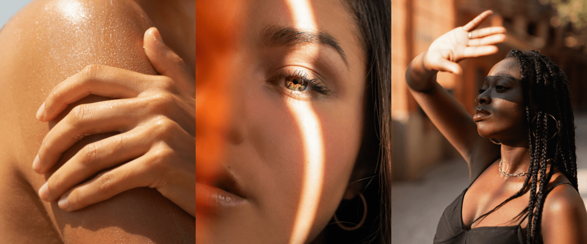 3 images representing sun care in beauty. Hand over arm after applying cream with sun shining on shoulder, close up of females face with dark hair and green eyes with flash of sun across face and black woman with black hair holding hand up at sun to shield face.