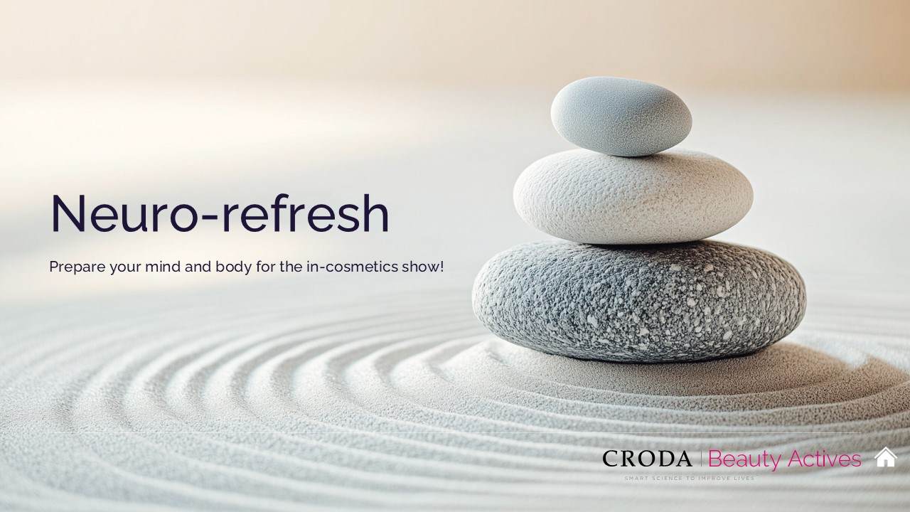 3つの石が積み重ねられ、整えられた砂の禅庭園の上に置かれている。コピー文：「ニューロ・リフレッシュ in-cosmeticsショーに向けて心と体を整えよう！」