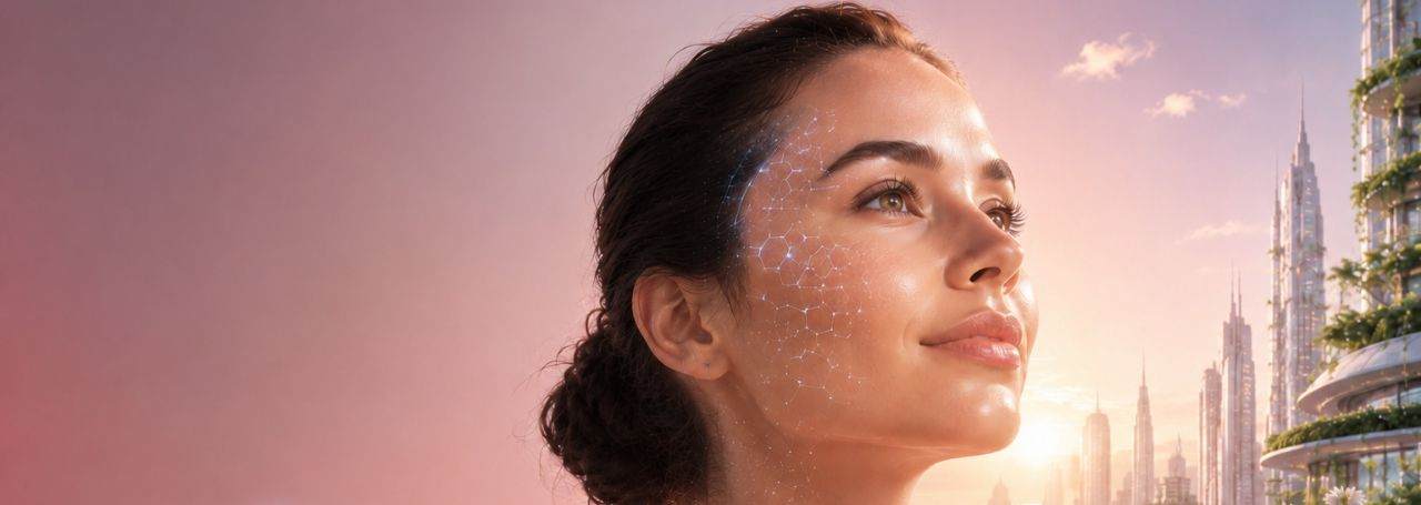 A futuristic vision of female beauty, set against a backdrop inspired by a future where technology and nature are harmoniously intertwined