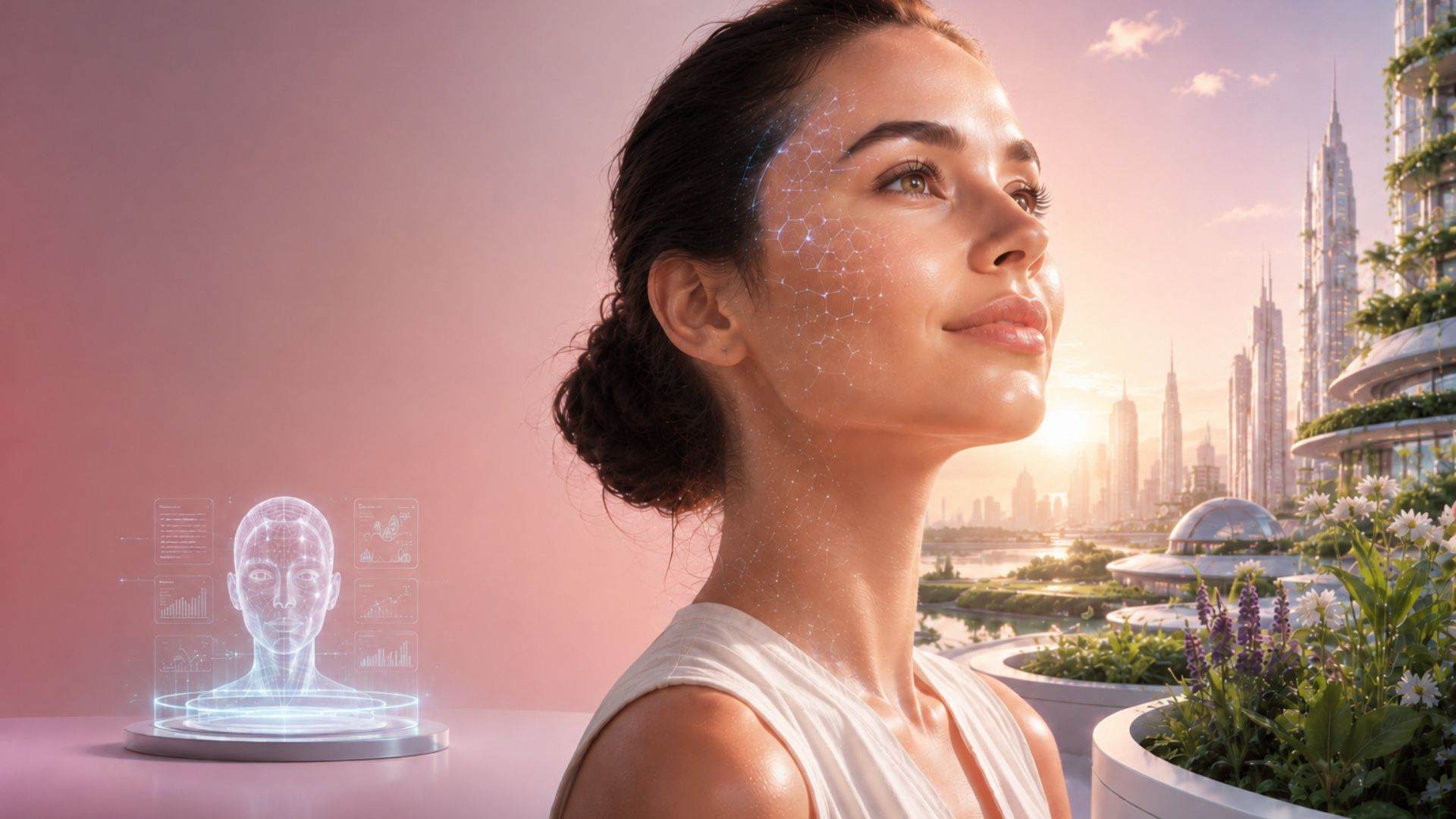 A futuristic vision of female beauty, alongside a biometric facial analysis, set against a landscape backdrop inspired by a future where technology and nature are harmoniously intertwined