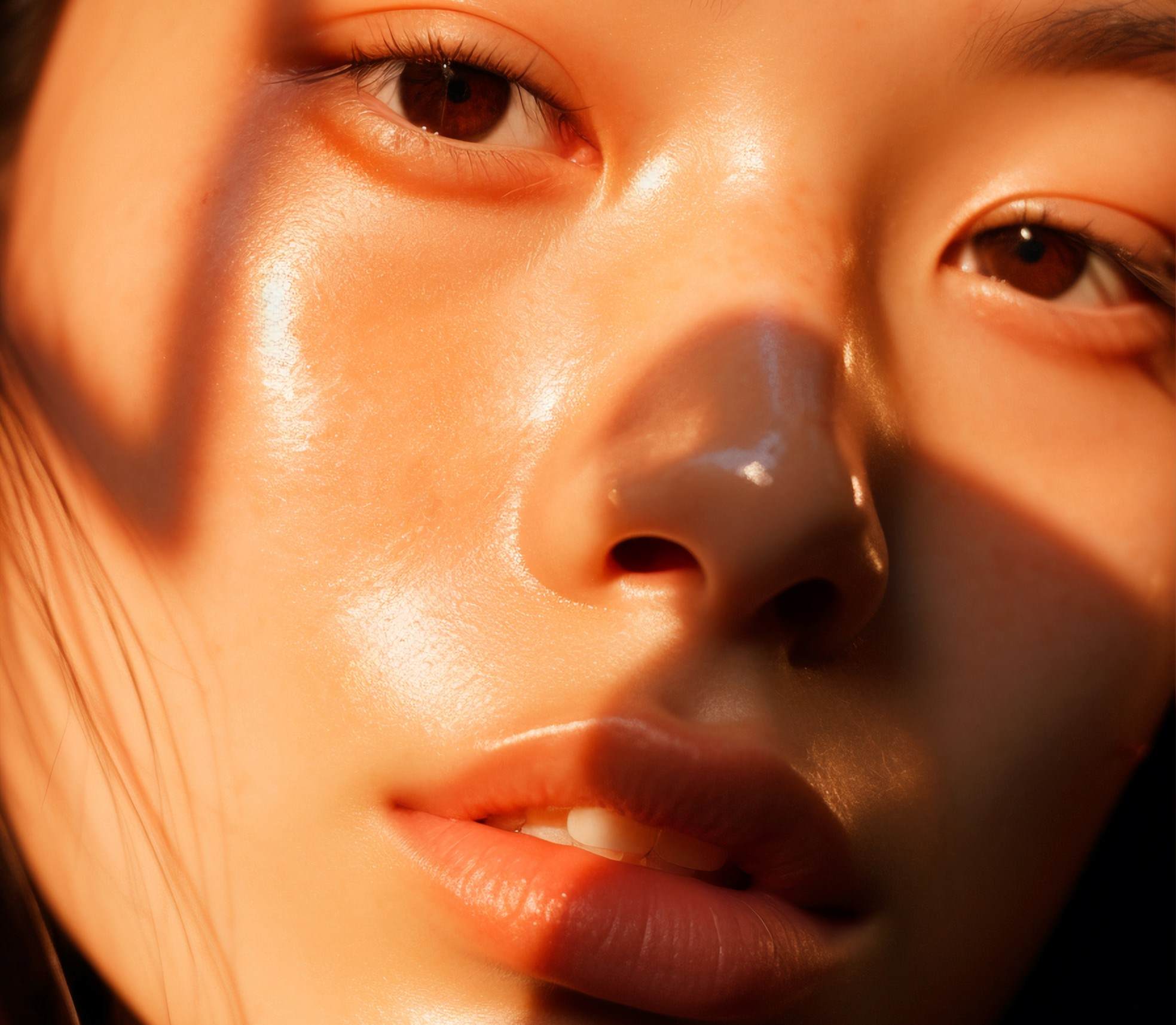 K-beauty Closeup of face with sunlight portrait 1 female southeast-asian black hair skin care				 				 				